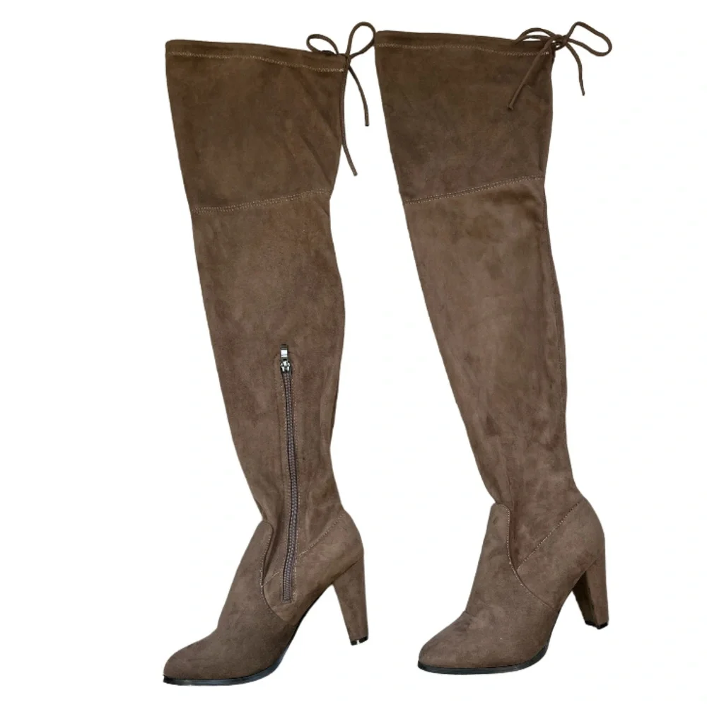 Sexy Thigh High Boots Chunky Heel Over Knee Suede Tie Brown Almond Toe Size 8.5